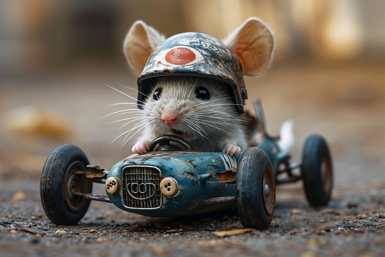 lille mus med hjelm på på racerbil